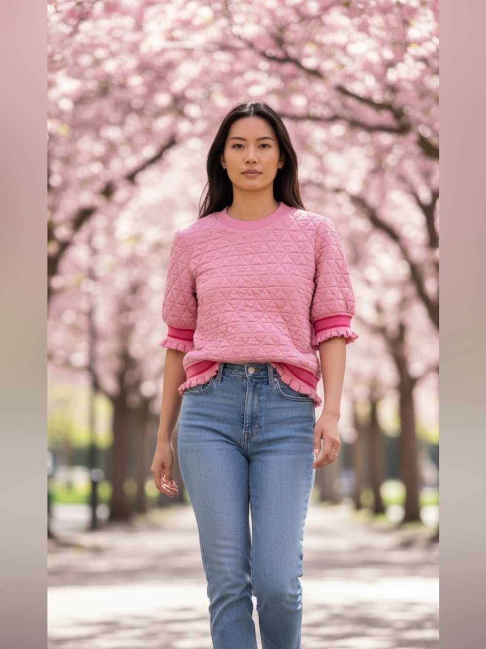 BiBi Pink Quilted Sweater with Ruffle Trim